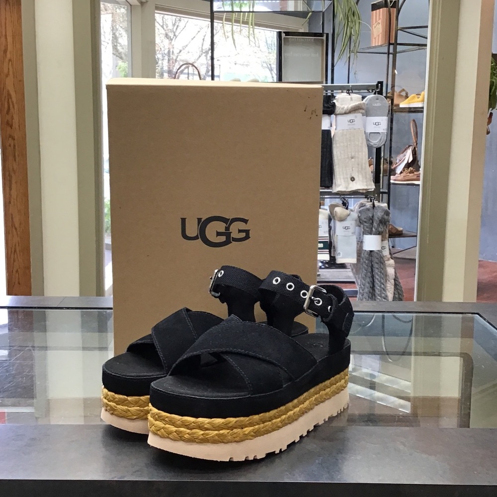 UGG Black Platform Espadrille Sandals with Natural Braided Trim